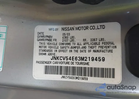 2003 Infiniti G35 Base W/6 Speed Manual z USA, uszkodzony, nr VIN JNKCV54E63M219459